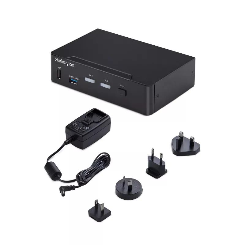 Switch KVM DisplayPort StarTech.com 2 portas, 4K 60Hz, DP 1.2, gestão EDID, hub USB 3.0 de 2 portas, 4x portas USB HID, conforme TAA