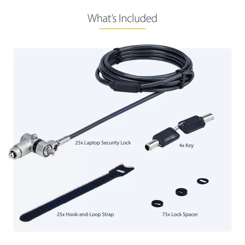 Pack de 25 fechaduras universais StarTech.com para portátil 2 m, chave igual, cabo de segurança, compatível com Noble Wedge®/Nano/K-Slot, cabo antifurto resistente a cortes