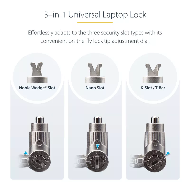 Pack de 25 fechaduras universais StarTech.com para portátil 2 m, chave igual, cabo de segurança, compatível com Noble Wedge®/Nano/K-Slot, cabo antifurto resistente a cortes