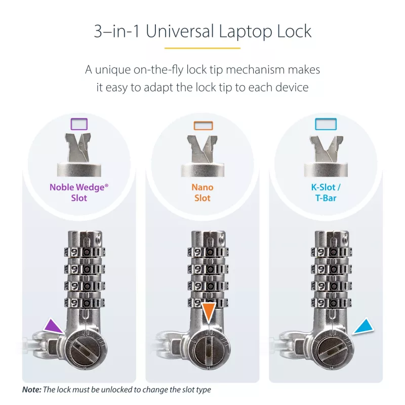 Pack de 25 fechaduras universais StarTech.com para portátil 2 m, cabo de segurança serializado para portátil, compatível com Noble Wedge®/Nano/K-Slot, cabo com fechadura de combinação sem chave – TAA