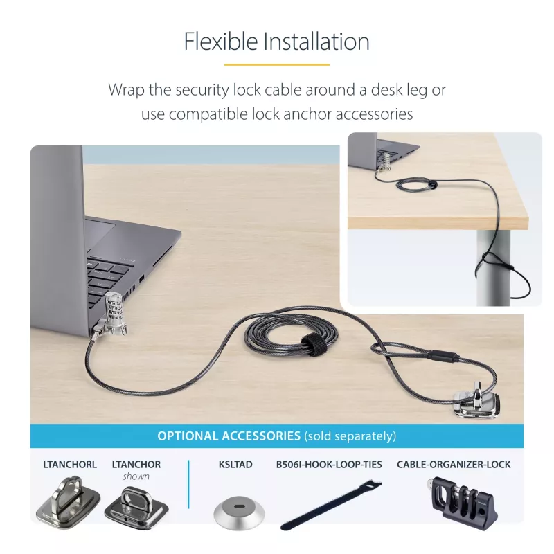 Pack de 25 fechaduras universais StarTech.com para portátil 2 m, cabo de segurança serializado para portátil, compatível com Noble Wedge®/Nano/K-Slot, cabo com fechadura de combinação sem chave – TAA