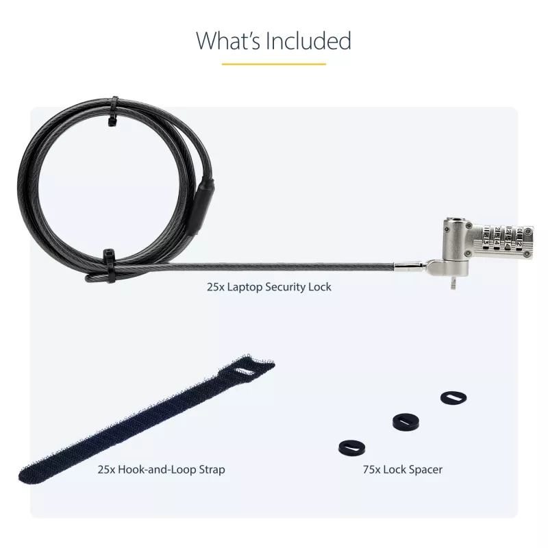 Pack de 25 fechaduras universais StarTech.com para portátil 2 m, cabo de segurança serializado para portátil, compatível com Noble Wedge®/Nano/K-Slot, cabo com fechadura de combinação sem chave – TAA