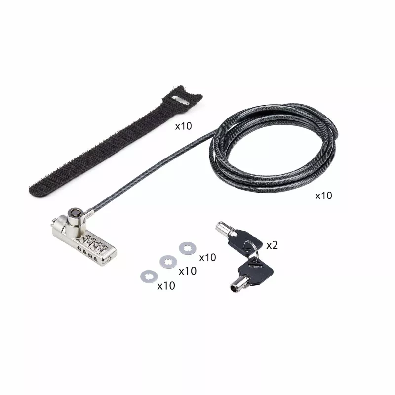 Pack de 10 fechaduras StarTech.com para portátil de acesso duplo, 1,98 m chave igual e fechadura de cabo de segurança com combinação numérica para dispositivos K-Slot, cabo de aço antifurto para computador