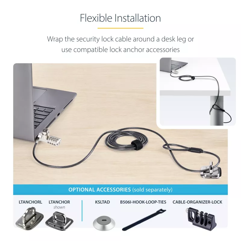 Pack de 10 fechaduras StarTech.com para portátil de acesso duplo, 1,98 m chave igual e fechadura de cabo de segurança com combinação numérica para dispositivos K-Slot, cabo de aço antifurto para computador