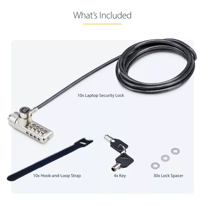 Pack de 10 fechaduras StarTech.com para portátil de acesso duplo, 1,98 m chave igual e fechadura de cabo de segurança com combinação numérica para dispositivos K-Slot, cabo de aço antifurto para computador