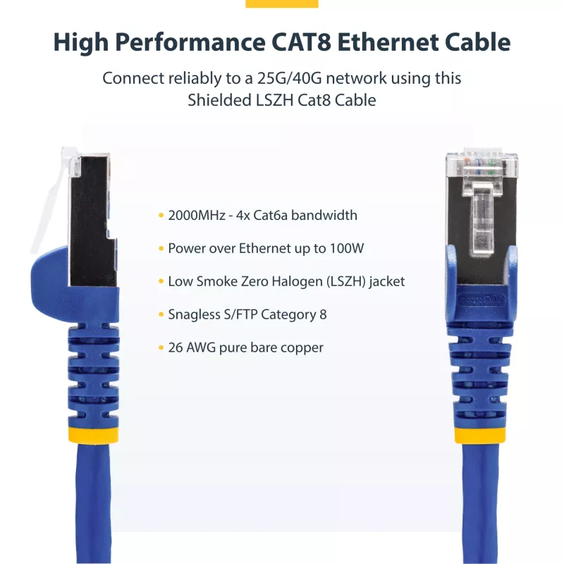 Cabo Ethernet CAT8 azul StarTech.com 3 m, RJ45 sem patilha, 25G/40G, 2000 MHz, 100 W PoE++, S/FTP, 26 AWG condutor de cobre nu puro, LSZH, cabo patch de rede blindado com alívio de tensão, testado individualmente