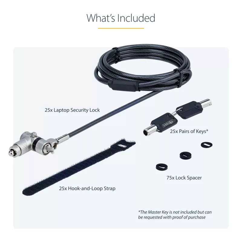 StarTech.com Pack de 25 cabos de segurança universais para portátil 6.6ft (2m), cabo de bloqueio com chave mestra, segurança informática, compatível com Noble Wedge®/Nano/K-Slot; cabo antifurto resistente a cortes
