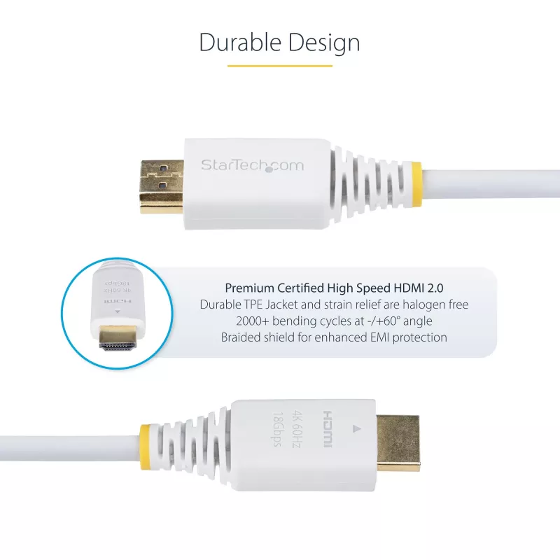 StarTech.com Cabo HDMI High-Speed Premium certificado de 10ft (3m), 4K 60Hz/1440p 144Hz, HDR10/HDCP 2.2/ARC, 18Gbps, cabo HDMI 2.0 UHD para TV/monitor/ecrã, revestimento TPE, branco