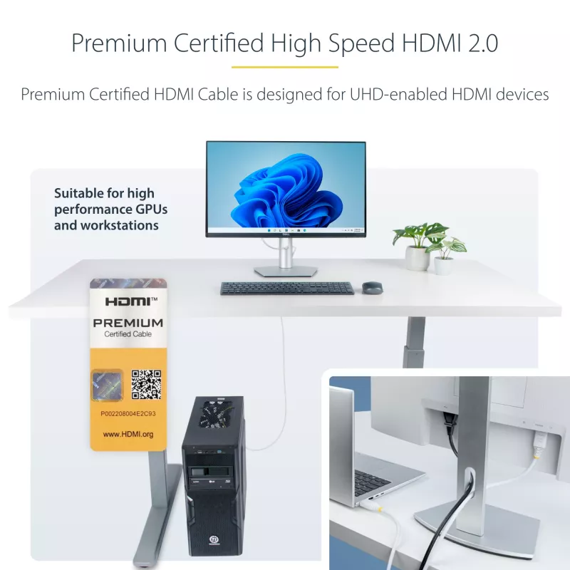 StarTech.com Cabo HDMI High-Speed Premium certificado de 10ft (3m), 4K 60Hz/1440p 144Hz, HDR10/HDCP 2.2/ARC, 18Gbps, cabo HDMI 2.0 UHD para TV/monitor/ecrã, revestimento TPE, branco