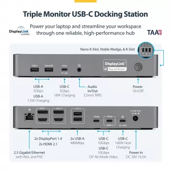 StarTech.com Docking station USB-C para três monitores, estação de carregamento de portátil 140W para MacBook Pro e Windows, 4K 60Hz HDMI ou DisplayPort, TAA