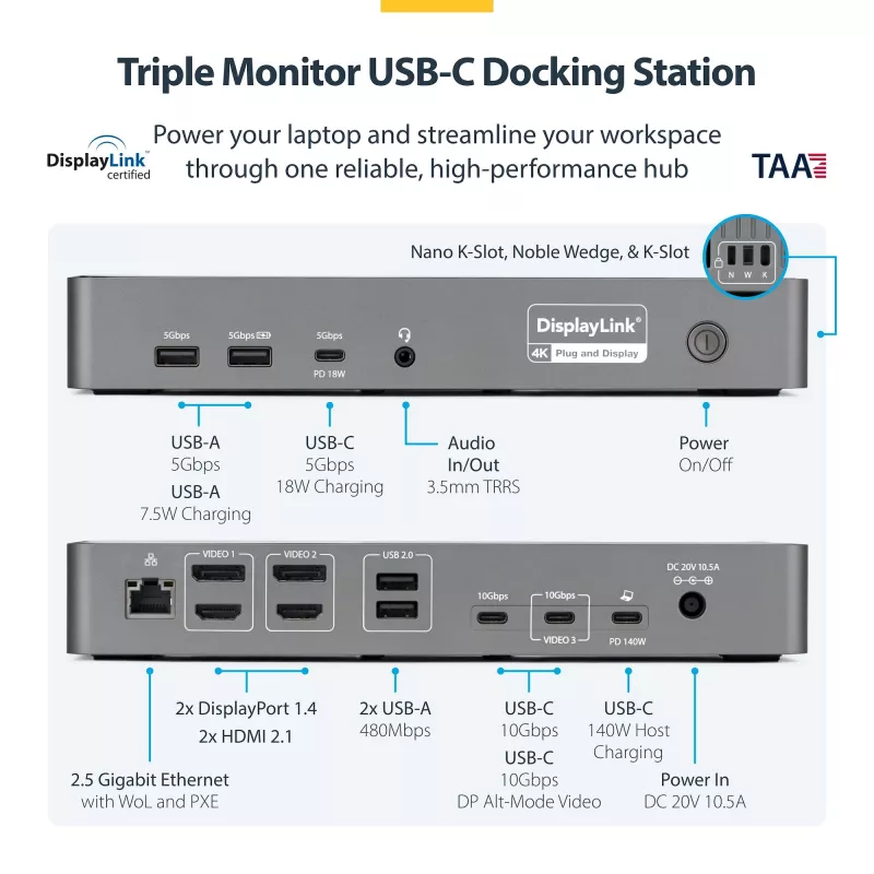StarTech.com Docking station USB-C para três monitores, estação de carregamento de portátil 140W para MacBook Pro e Windows, 4K 60Hz HDMI ou DisplayPort, TAA