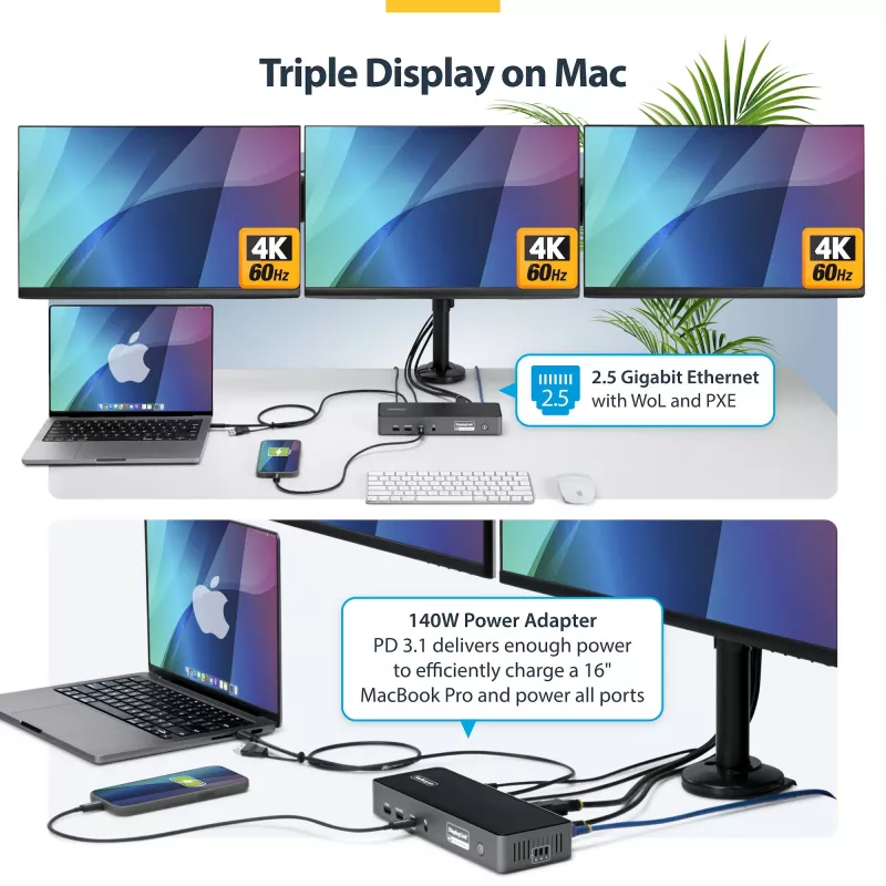 StarTech.com Docking station USB-C para três monitores, estação de carregamento de portátil 140W para MacBook Pro e Windows, 4K 60Hz HDMI ou DisplayPort, TAA