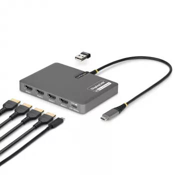 StarTech.com Adaptador USB-C para estação de trabalho de quatro monitores, 4K 60Hz HDMI, 140W PD passthrough para carregamento de portátil, porta USB para teclado/rato sem fios, TAA