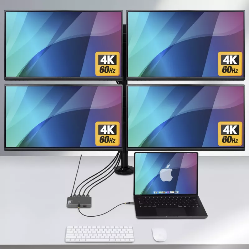 StarTech.com Adaptador USB-C para estação de trabalho de quatro monitores, 4K 60Hz HDMI, 140W PD passthrough para carregamento de portátil, porta USB para teclado/rato sem fios, TAA
