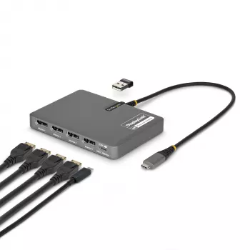 StarTech.com Adaptador USB-C para estação de trabalho de quatro monitores, 4K 60Hz DisplayPort, 140W PD passthrough para carregamento de portátil, porta USB para teclado/rato sem fios, TAA