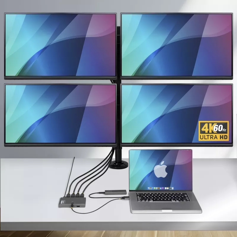 StarTech.com Adaptador USB-C para estação de trabalho de quatro monitores, 4K 60Hz DisplayPort, 140W PD passthrough para carregamento de portátil, porta USB para teclado/rato sem fios, TAA