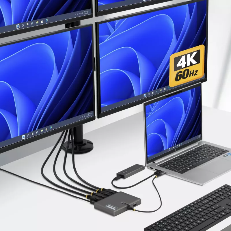 StarTech.com Adaptador USB-C para estação de trabalho de quatro monitores, 4K 60Hz DisplayPort, 140W PD passthrough para carregamento de portátil, porta USB para teclado/rato sem fios, TAA