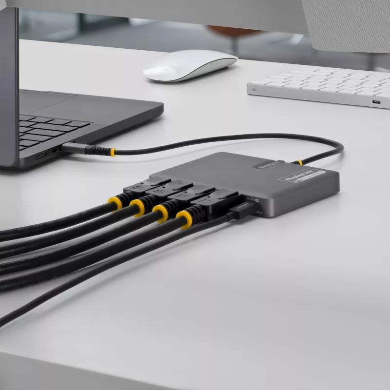 StarTech.com Adaptador USB-C para estação de trabalho de quatro monitores, 4K 60Hz DisplayPort, 140W PD passthrough para carregamento de portátil, porta USB para teclado/rato sem fios, TAA