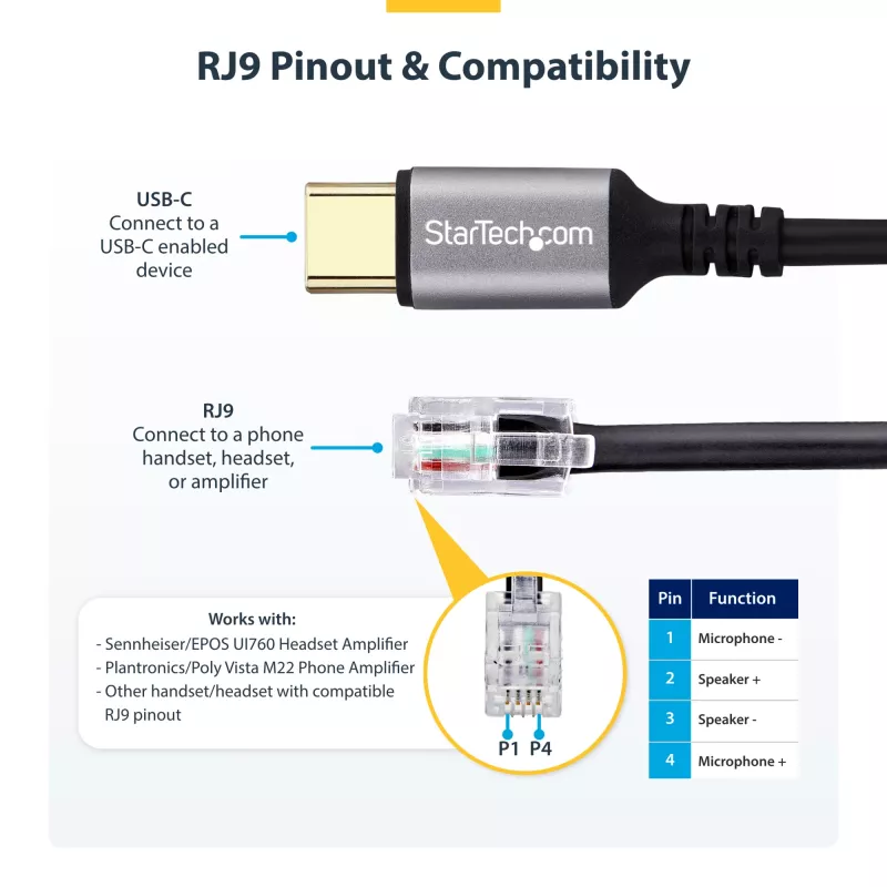 StarTech.com UR9-HEADSET-ADAPTER Adaptador de cabo USB-C RJ-9 preto