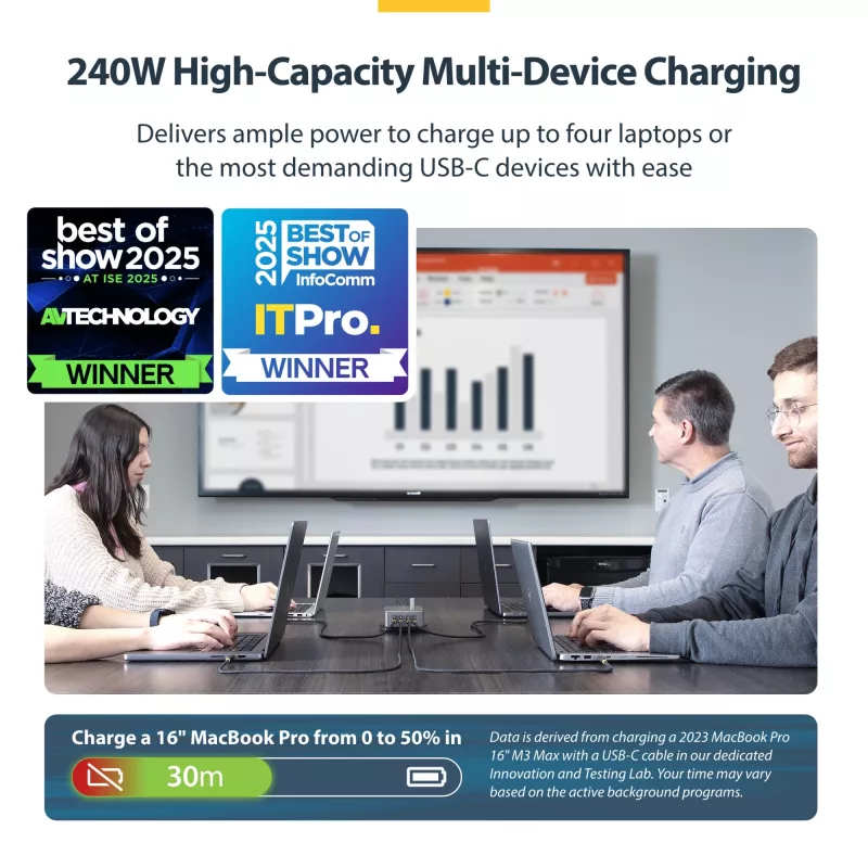 StarTech.com Carregador USB-C multiporta de 4 portas, 240W total, porta individual 140W EPR, PD 3.1, portas com fixação por parafuso, salas de conferência, suporte incl. para montagem em superfície