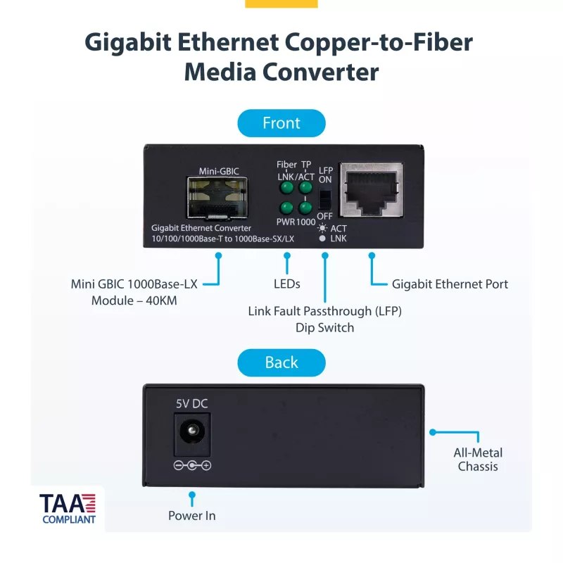 Conversor de suporte Gigabit Ethernet de cobre para fibra ótica StarTech.com, SM LC, 40 km, 10/100/1000 Mbit/s, RJ45 para LC, metal maciço, Jumbo Frames 9K, conforme TAA