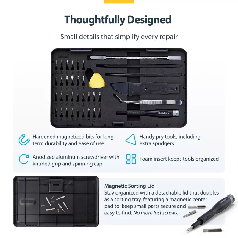 Kit de ferramentas de reparação de computadores StarTech.com de 40 peças para portátil/PC/eletrónica/telefone, conjunto de 30 pontas de precisão, tampa removível com base magnética, ferramentas de alavanca