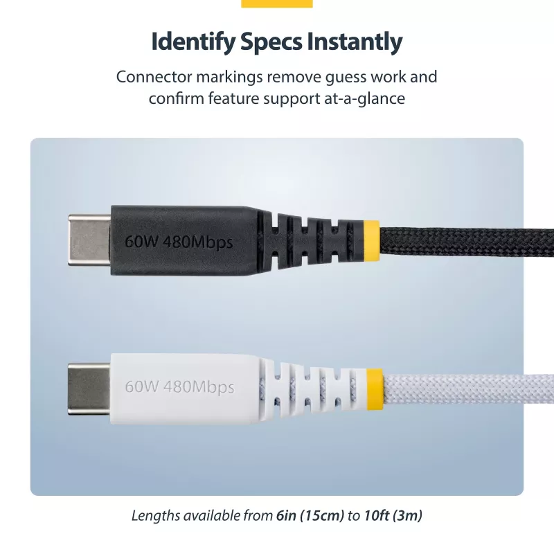 Cabo de carregamento USB-C StarTech.com de 1 m (3 ft), 60W (3A) PD, revestimento duplo de nylon/TPE entrelaçado, cabo de carregamento USB-C robusto, cabo de carregamento para portátil USB 2.0