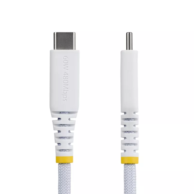 Cabo de carregamento USB-C StarTech.com 2 m (6 ft) branco, 60 W (3 A) PD, revestimento duplo de nylon/TPE entrelaçado, cabo de carregamento USB-C robusto, cabo de carregamento para portátil USB 2.0