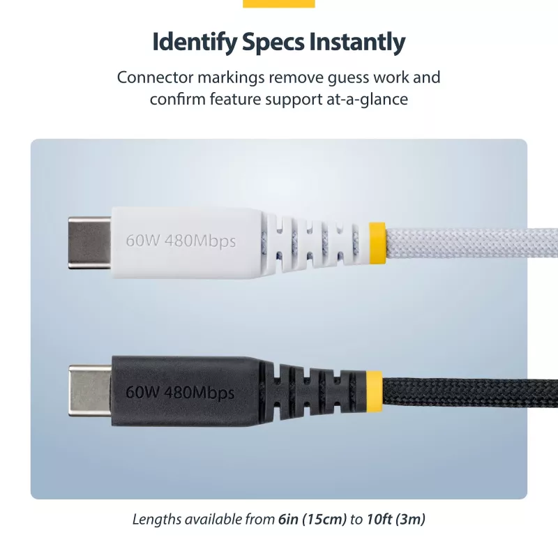 Cabo de carregamento USB-C StarTech.com 2 m (6 ft) branco, 60 W (3 A) PD, revestimento duplo de nylon/TPE entrelaçado, cabo de carregamento USB-C robusto, cabo de carregamento para portátil USB 2.0