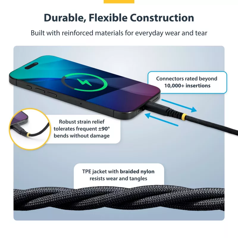 Cabo de carregamento USB-C StarTech.com de 3 m (10 ft), 60W (3A) PD, revestimento duplo de nylon/TPE entrelaçado, cabo de carregamento USB-C robusto, cabo de carregamento para portátil USB 2.0