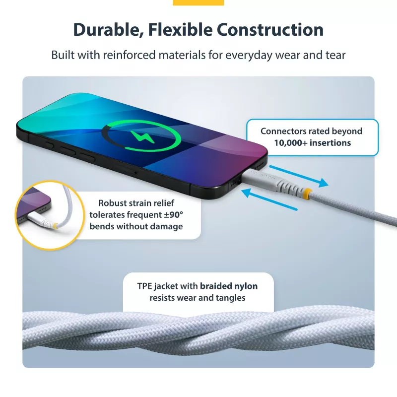 Cabo de carregamento USB-C StarTech.com de 3 m (10 ft) branco, 60W (3A) PD, revestimento duplo de nylon/TPE entrelaçado, cabo de carregamento USB-C robusto, cabo de carregamento para portátil USB 2.0