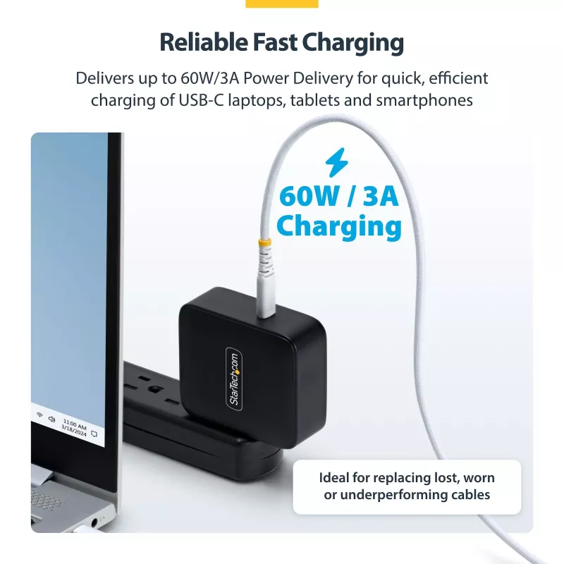Cabo de carregamento USB-C StarTech.com de 30 cm (1 ft) branco, 60W (3A) PD, revestimento duplo de nylon/TPE entrelaçado, cabo de carregamento USB-C robusto, cabo de carregamento para portátil USB 2.0