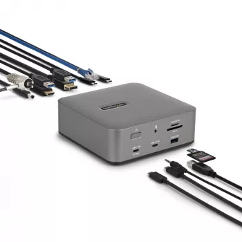 Docking station Thunderbolt 5 StarTech.com, DP/HDMI, dock para três monitores até 4K 144 Hz ou dois monitores 8K 60 Hz, 5 portas USB, carregamento de portátil 140 W
