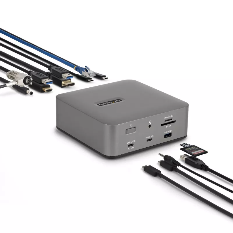 Docking station Thunderbolt 5 StarTech.com, DP/HDMI, dock para três monitores até 4K 144 Hz ou dois monitores 8K 60 Hz, 5 portas USB, carregamento de portátil 140 W