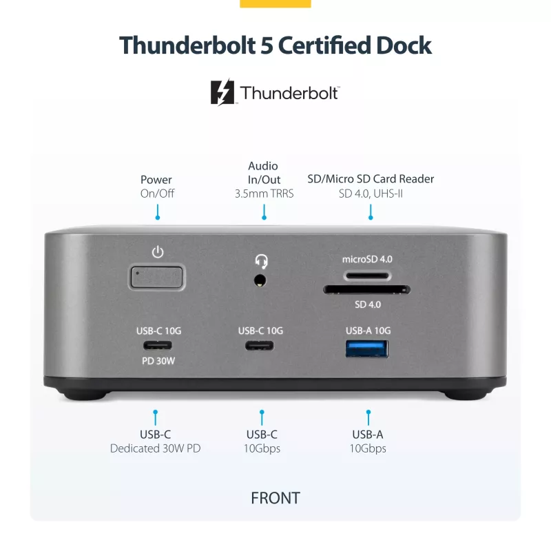 Docking station Thunderbolt 5 StarTech.com, DP/HDMI, dock para três monitores até 4K 144 Hz ou dois monitores 8K 60 Hz, 5 portas USB, carregamento de portátil 140 W