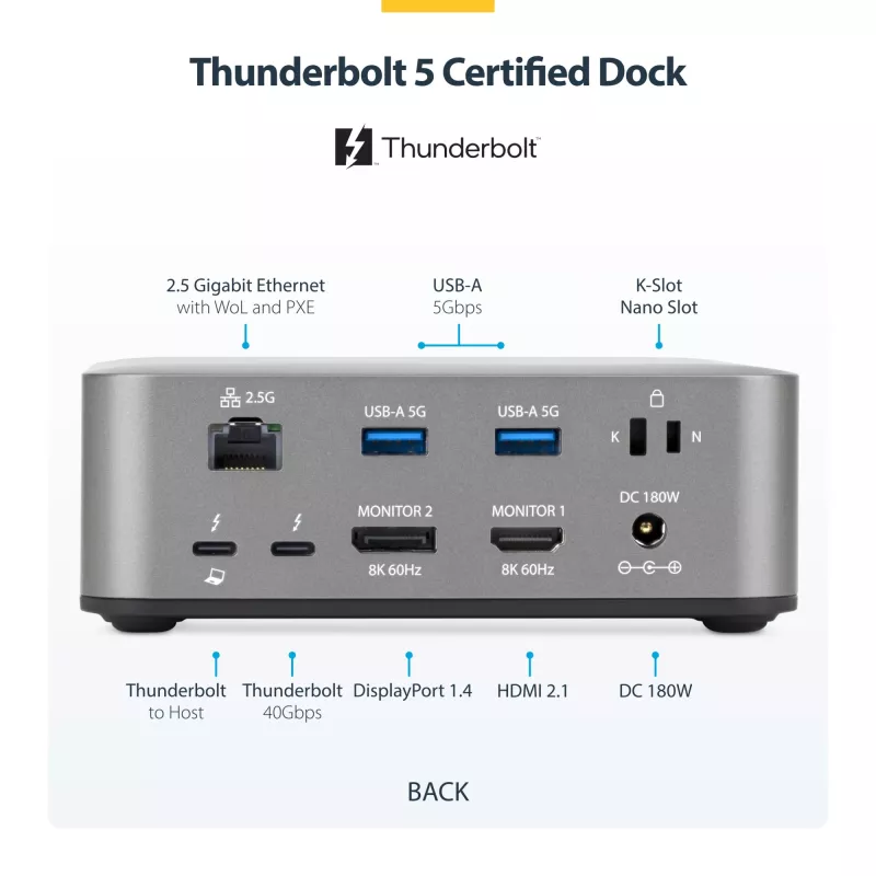 Docking station Thunderbolt 5 StarTech.com, DP/HDMI, dock para três monitores até 4K 144 Hz ou dois monitores 8K 60 Hz, 5 portas USB, carregamento de portátil 140 W
