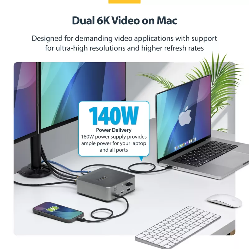 Docking station Thunderbolt 5 StarTech.com, DP/HDMI, dock para três monitores até 4K 144 Hz ou dois monitores 8K 60 Hz, 5 portas USB, carregamento de portátil 140 W