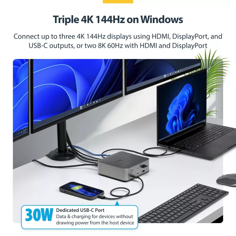 Docking station Thunderbolt 5 StarTech.com, DP/HDMI, dock para três monitores até 4K 144 Hz ou dois monitores 8K 60 Hz, 5 portas USB, carregamento de portátil 140 W