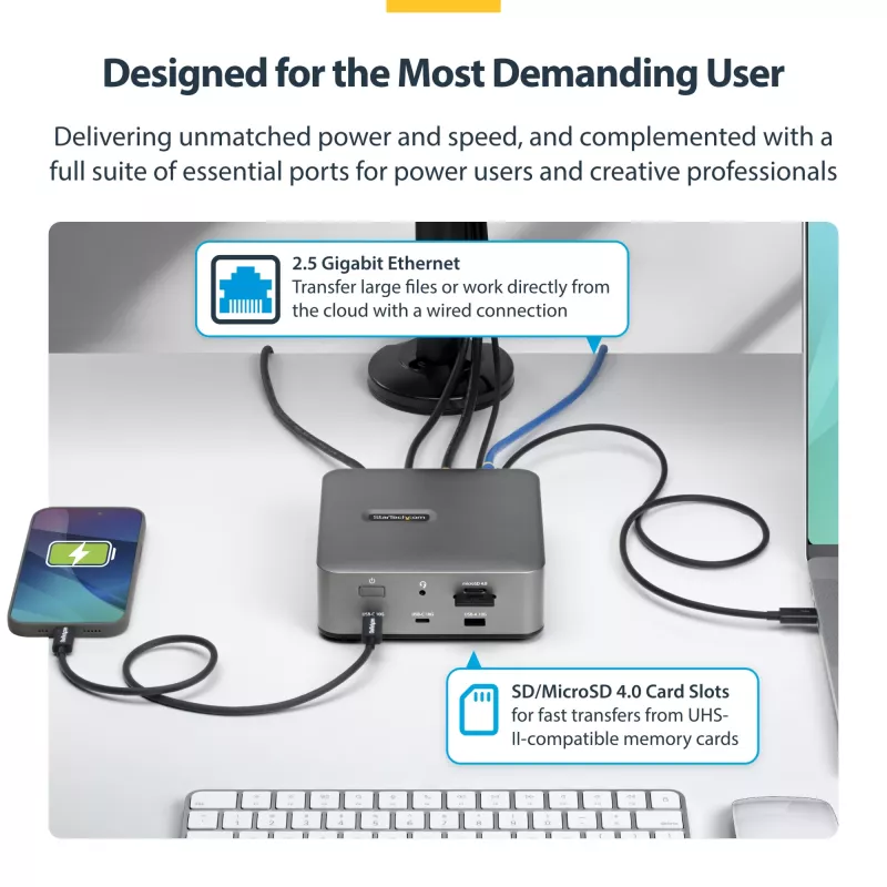 Docking station Thunderbolt 5 StarTech.com, DP/HDMI, dock para três monitores até 4K 144 Hz ou dois monitores 8K 60 Hz, 5 portas USB, carregamento de portátil 140 W