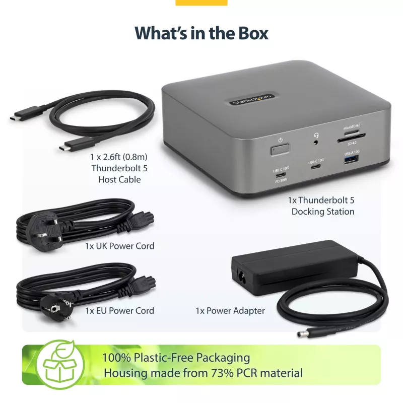 Docking station Thunderbolt 5 StarTech.com, DP/HDMI, dock para três monitores até 4K 144 Hz ou dois monitores 8K 60 Hz, 5 portas USB, carregamento de portátil 140 W