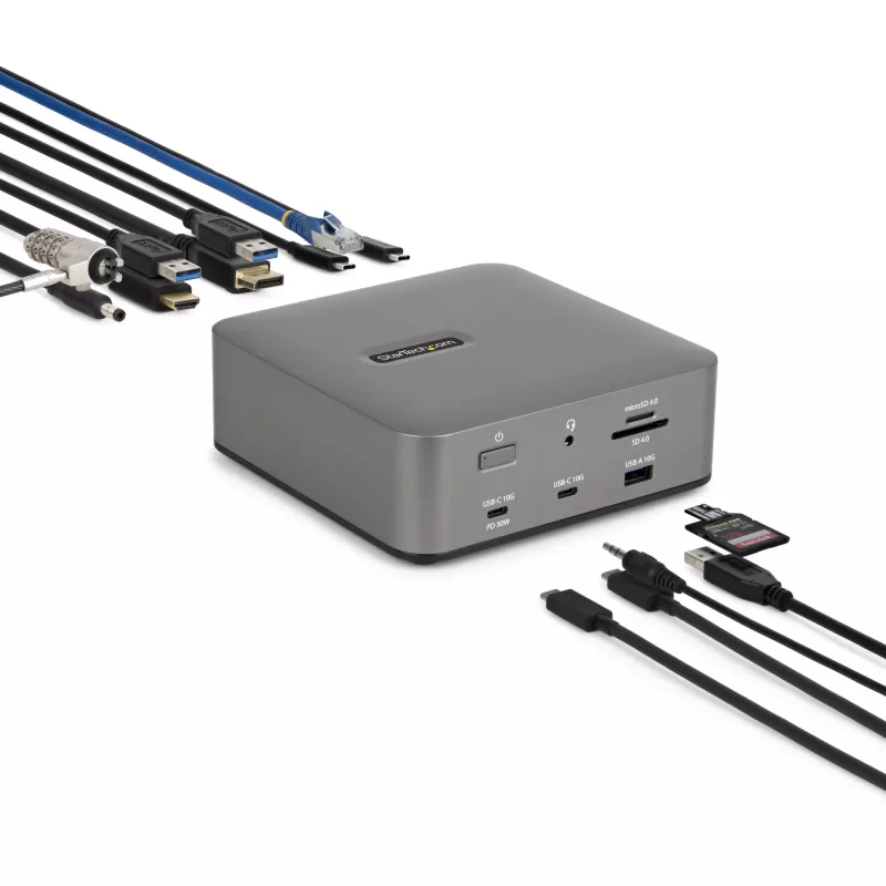 Docking station Thunderbolt 5 StarTech.com, DP/HDMI, dock para três monitores até 4K 144 Hz ou dois monitores 8K 60 Hz, 5 portas USB, carregamento de portátil 140 W