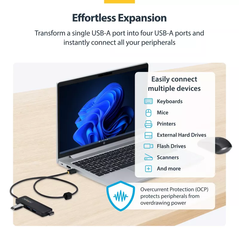 Hub USB-A de 4 portas StarTech.com, 5 Gbit/s, alimentação pelo bus, USB-A para 4x USB-A mini hub, cabo host extra longo de 61 cm, plástico PCR, hub USB portátil para secretária/portátil