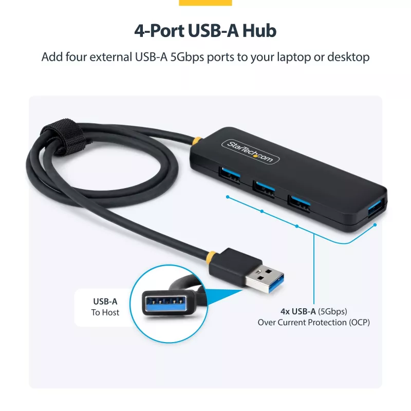Hub USB-A de 4 portas StarTech.com, 5 Gbit/s, alimentação pelo bus, USB-A para 4x USB-A mini hub, cabo host extra longo de 61 cm, plástico PCR, hub USB portátil para secretária/portátil
