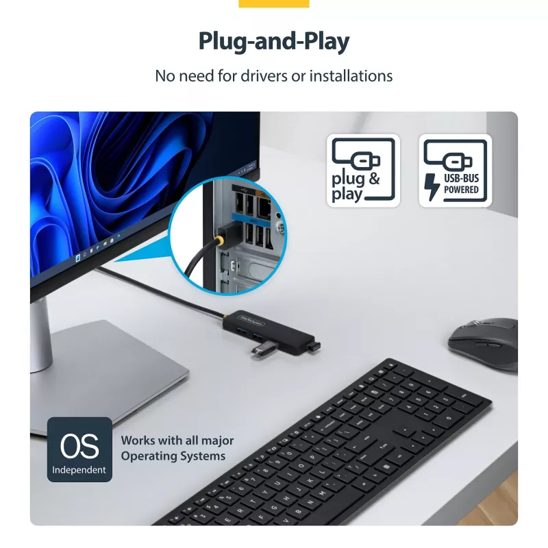 Hub USB-A de 4 portas StarTech.com, 5 Gbit/s, alimentação pelo bus, USB-A para 4x USB-A mini hub, cabo host extra longo de 61 cm, plástico PCR, hub USB portátil para secretária/portátil