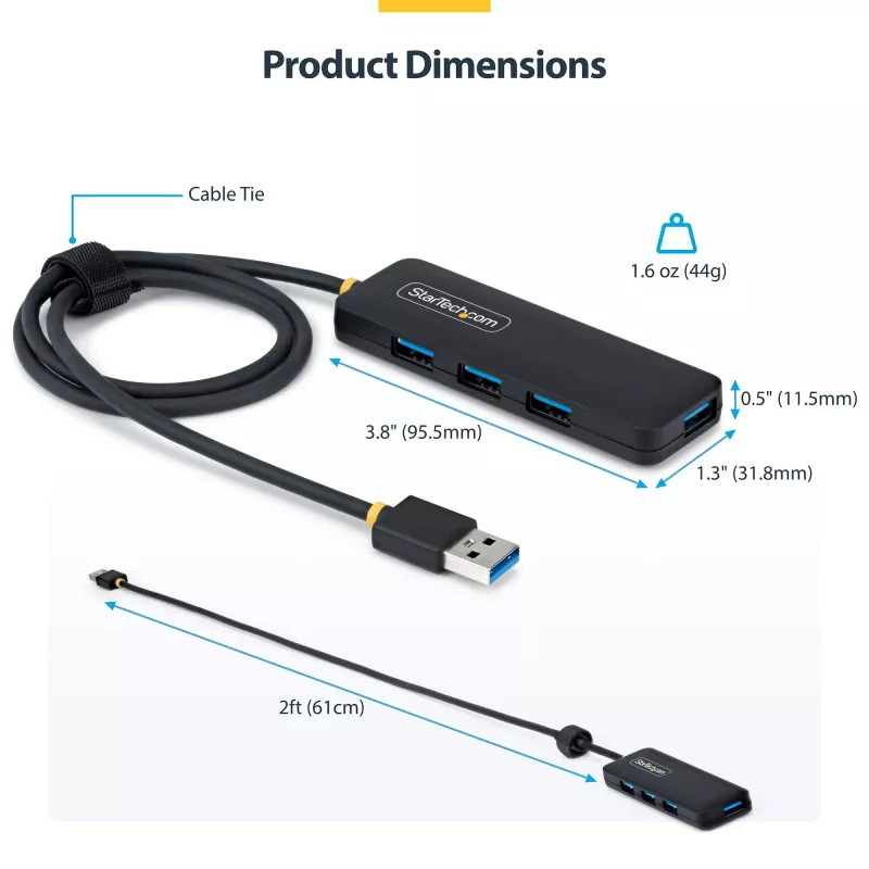 Hub USB-A de 4 portas StarTech.com, 5 Gbit/s, alimentação pelo bus, USB-A para 4x USB-A mini hub, cabo host extra longo de 61 cm, plástico PCR, hub USB portátil para secretária/portátil