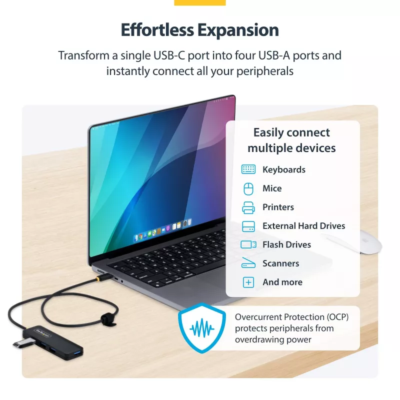 Hub USB-C de 4 portas StarTech.com, 5 Gbit/s, alimentação pelo bus, USB-C para 4x USB-A mini hub, cabo host extra longo de 61 cm, plástico PCR, hub USB portátil para secretária/portátil