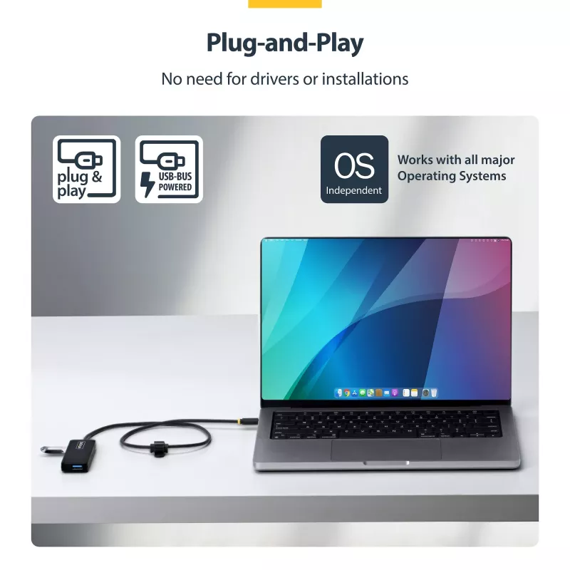 Hub USB-C de 4 portas StarTech.com, 5 Gbit/s, alimentação pelo bus, USB-C para 4x USB-A mini hub, cabo host extra longo de 61 cm, plástico PCR, hub USB portátil para secretária/portátil