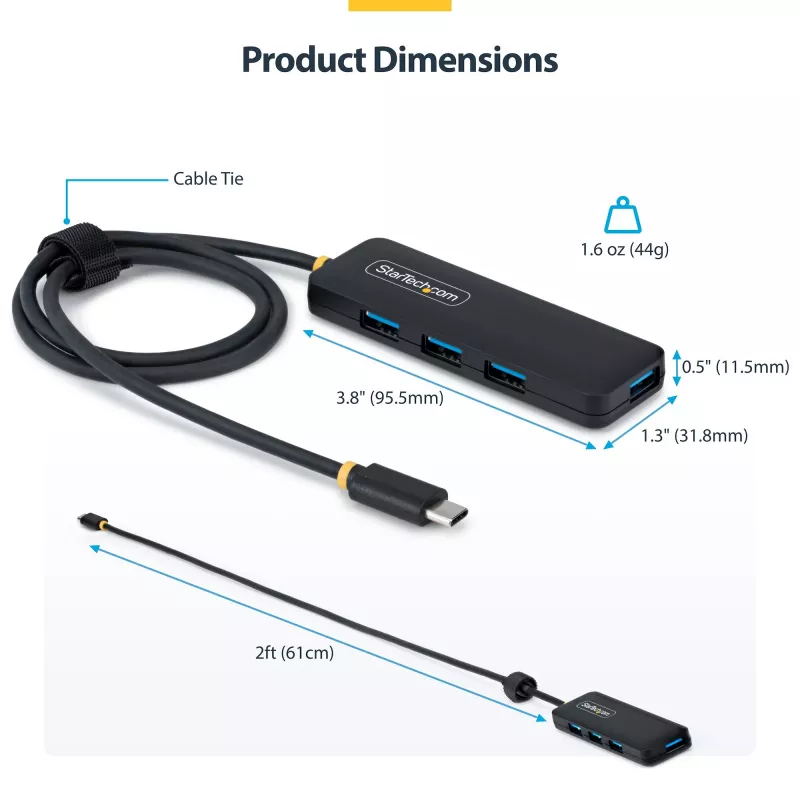 Hub USB-C de 4 portas StarTech.com, 5 Gbit/s, alimentação pelo bus, USB-C para 4x USB-A mini hub, cabo host extra longo de 61 cm, plástico PCR, hub USB portátil para secretária/portátil