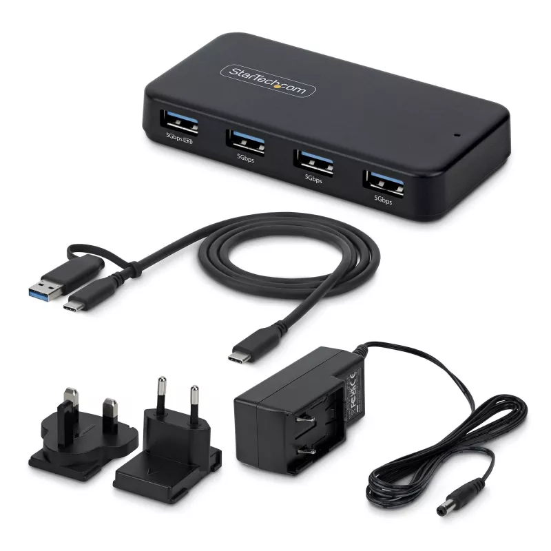 Hub USB-A de 4 portas StarTech.com, 5 Gbit/s, alimentação própria, cabo host 2 em 1 USB-C e USB-A, 1 porta de carregamento BC 1.2, fonte de alimentação de 24 W incluída, MacBook e Windows