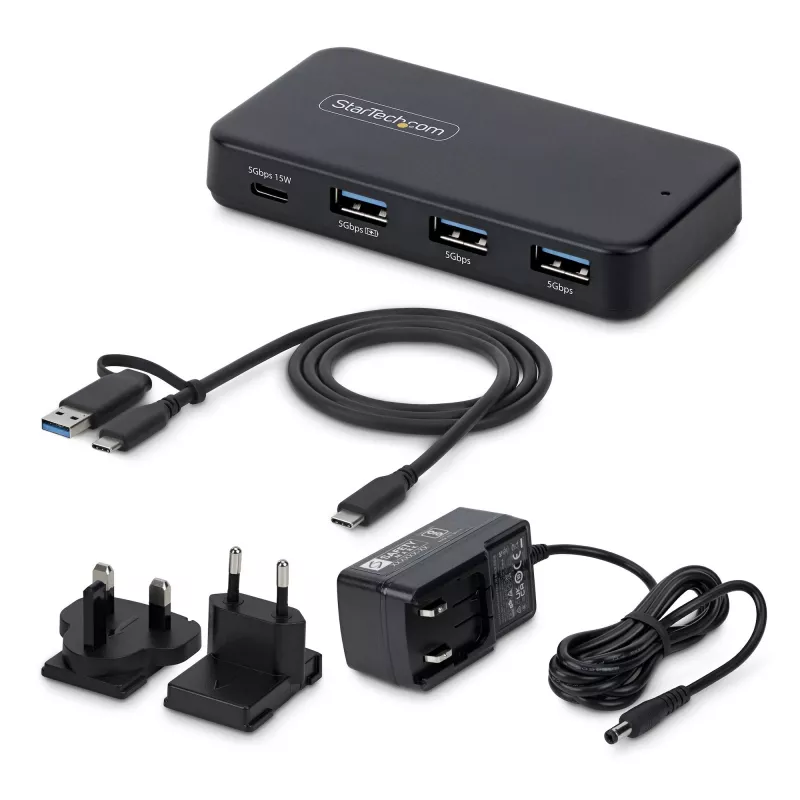 StarTech.com Hub USB-C e USB-A de 4 portas, 5Gbps, autoalimentado, cabo host USB-C e USB-A 2 em 1, 1x USB-C e 3x USB-A (1x BC 1.2), fonte de alimentação de 36W incluída